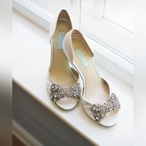 Betsey Johnson Ivory Peep-Toe Heels with Crystal Bow